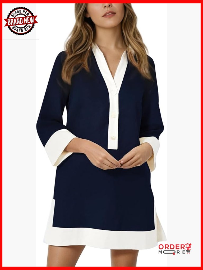 Women V Neck Shift Dress With Pockets Short Sleeve Summer Casual Work Tunic